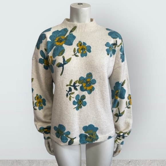 LOFT floral ivory teal cotton blend mock neck pullover sweater women's small - Picture 11 of 16